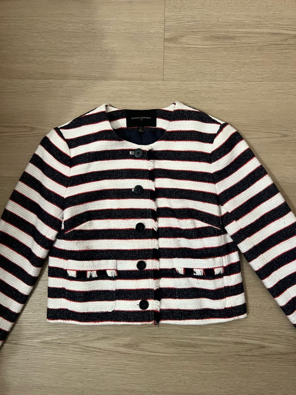 Banana Republic Black, White & Red Striped Tweed Jacket
